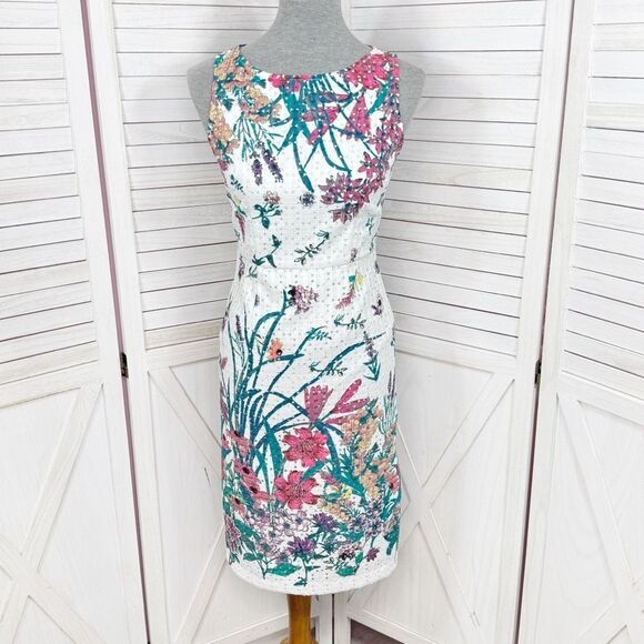 Adrianna Papell Floral Eyelet Sleeveless Sheath Pencil Dress White Multi 2 - Picture 2 of 15